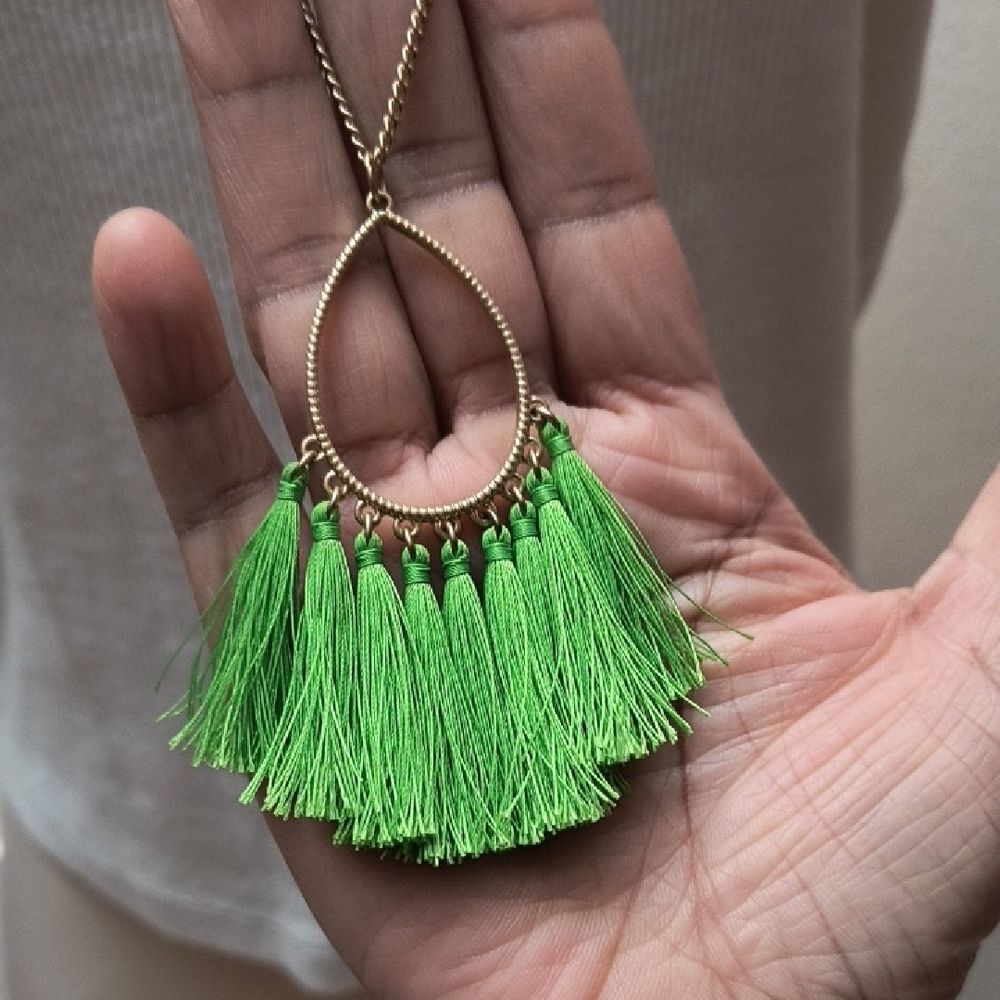 Neon Green Fringed Tassels Lantern Outline Pendant Gold Tone Necklace